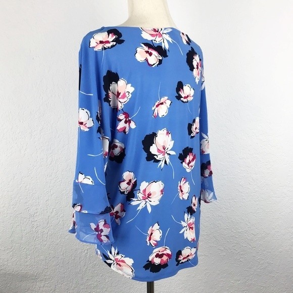 Roz & Ali Floral Flutter Sleeve Ruffle Bell Blue Pink Blouse Flowy Dressy Top XS - Picture 4 of 16